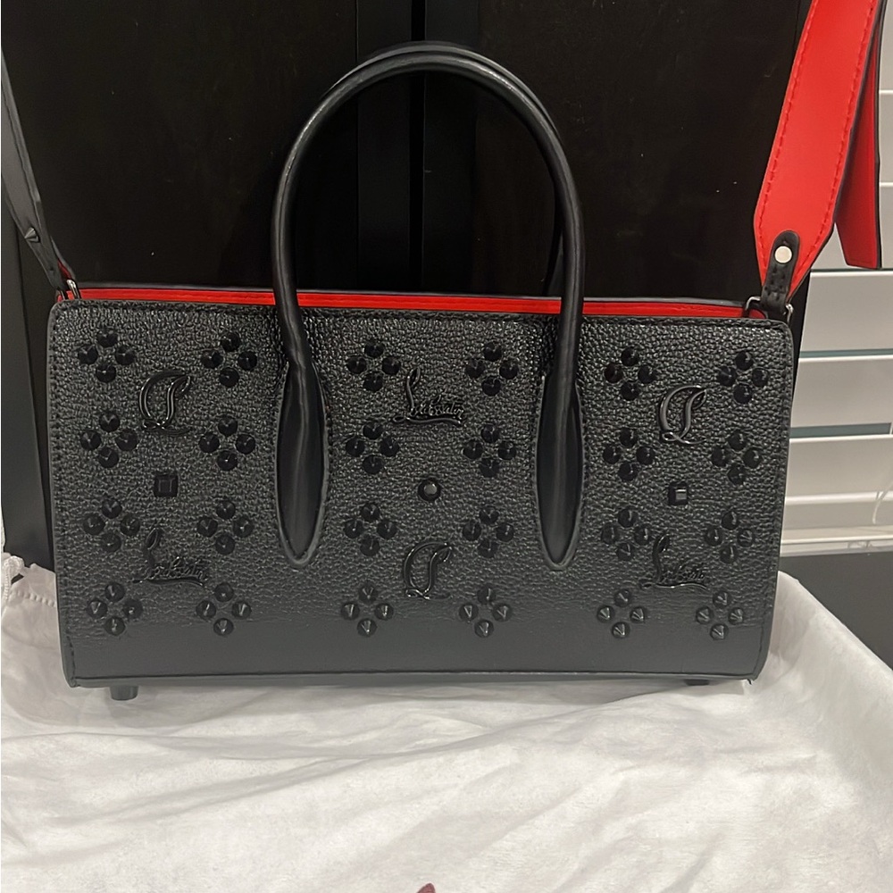 Christian Louboutin Black Leather Satchel with Red Trim and Floral Embossing